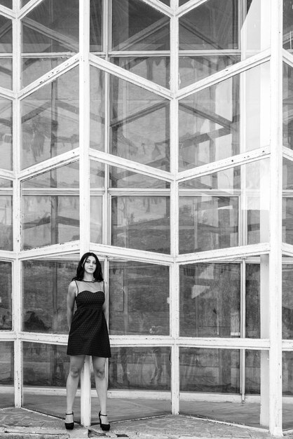 Beautiful girl in a dress on the background of a glass metal construction