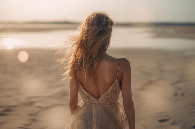 Beautiful girl in a dress walks along the sandy beach back view generative ai