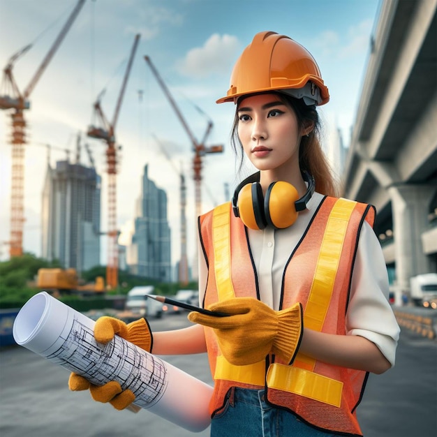 beautiful girl dressed in helmet and safety suit at construction