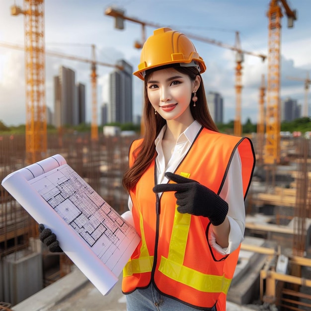 beautiful girl dressed in helmet and safety suit at construction