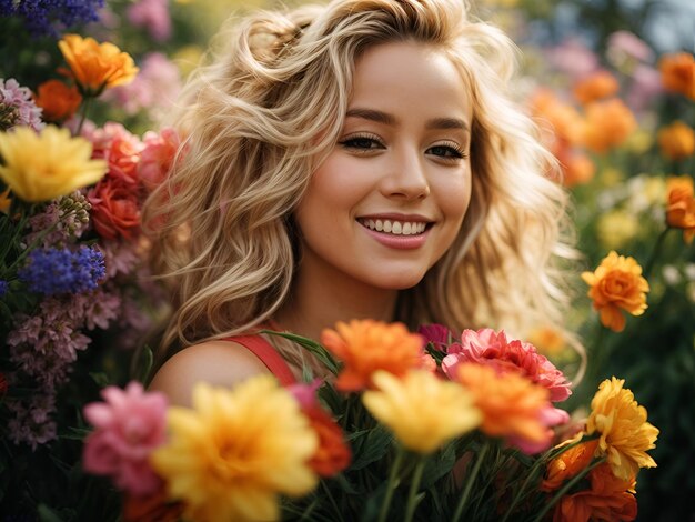 Photo a beautiful girl embracing a bouquet of colorful spring flowers