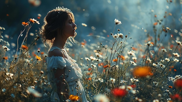 Beautiful girl in a field of daisies at sunset