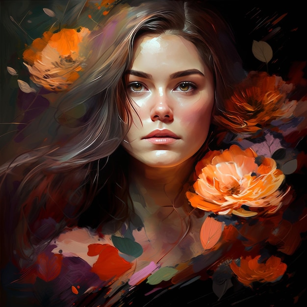 Beautiful girl in flower style oil strokes of painting generative AI