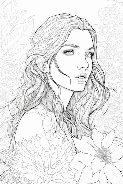 Beautiful girl among flowers coloring book black and white image generative AI