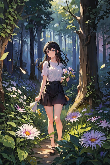 beautiful girl in forest anime style illustration