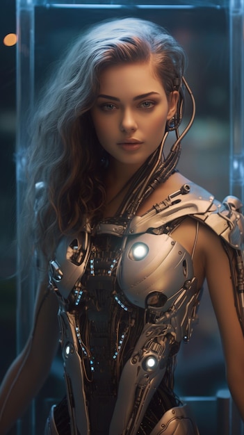 Beautiful girl futuristic android cyborg on future