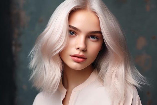 Beautiful girl hair coloring in ultra blond Stylish hairstyle curls done in a beauty salon Generative Ai