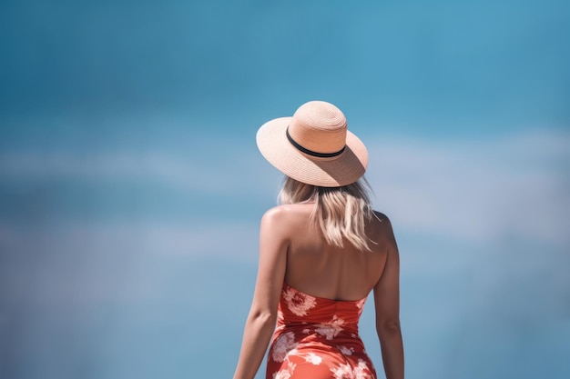 Beautiful girl in hat on sky background back view summer holidays generative ai