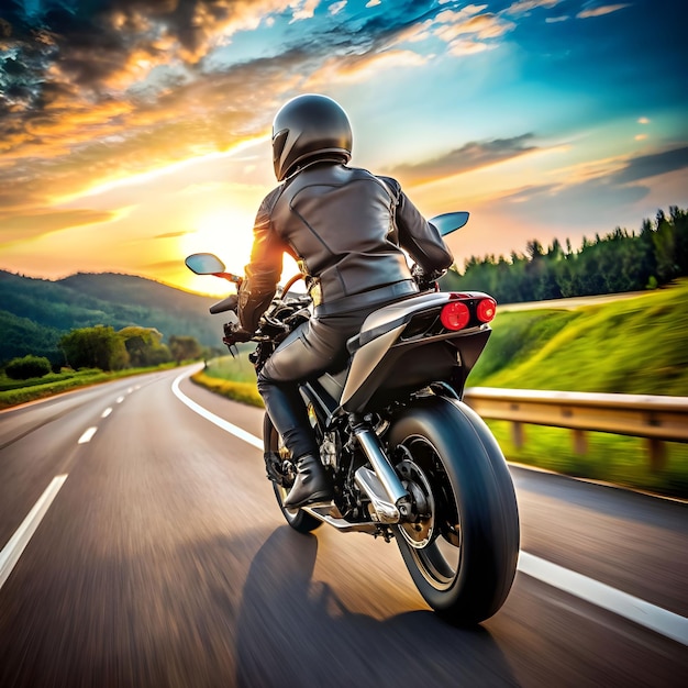 Beautiful girl having fun driving her custom cafe racer motorcycle enjoying the sunset on the beach