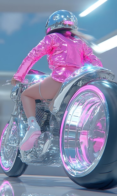 Photo a beautiful girl in a helmet and short skirt rides a futuristic motorcycle donning a shiny metallic