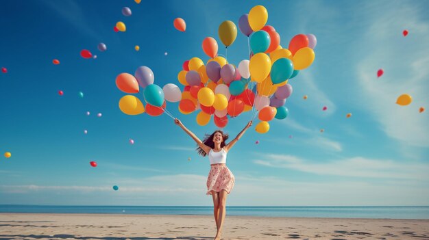 Beautiful girl holding colorful balloons and jumpi