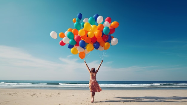 Beautiful girl holding colorful balloons and jumpi