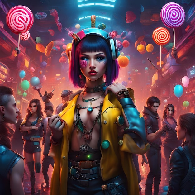 a beautiful girl holding a lolipop in a party background with people and lolipops