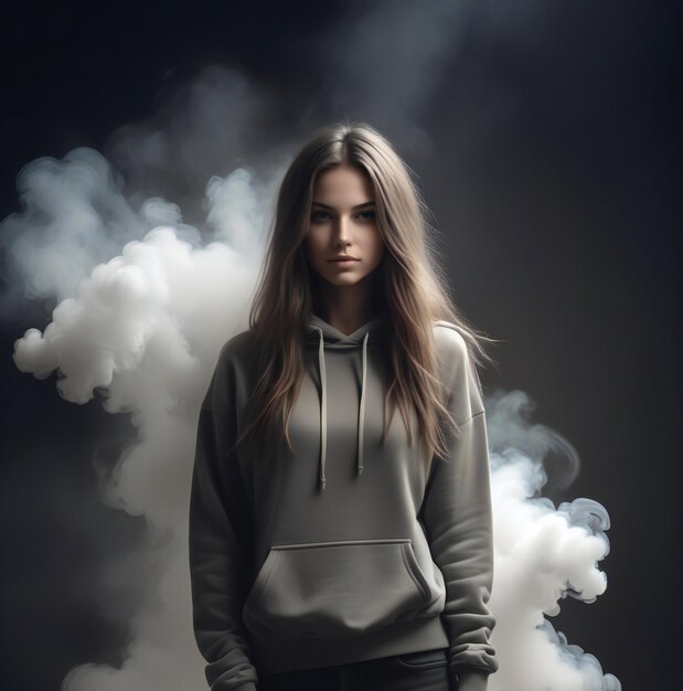 Beautiful girl in a hoodie on a dark background with clouds of smoke