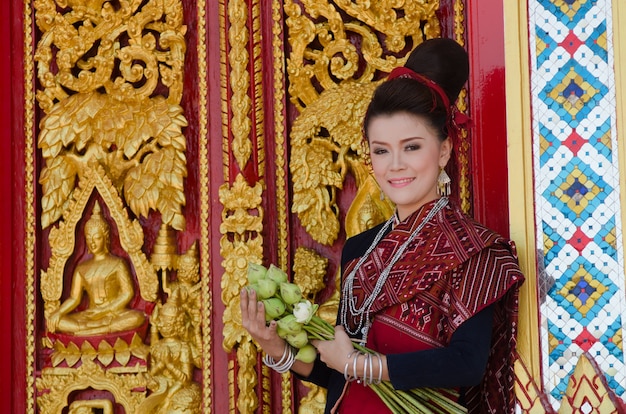 beautiful girl in  identity traditional dress costume culture of thailand