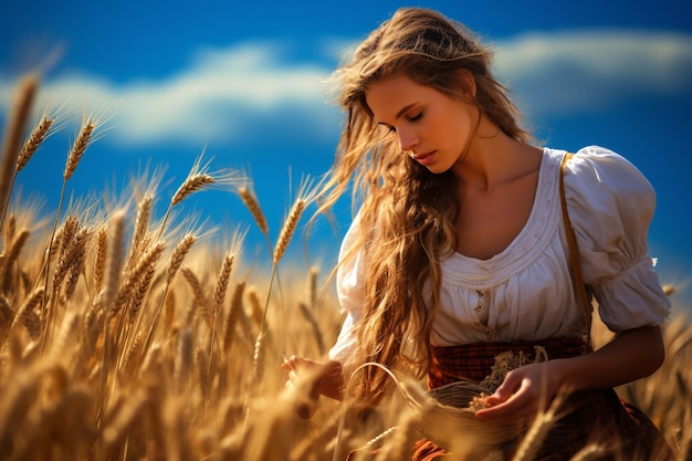 Beautiful girl is engaged in harvest wheat farming field summer crop