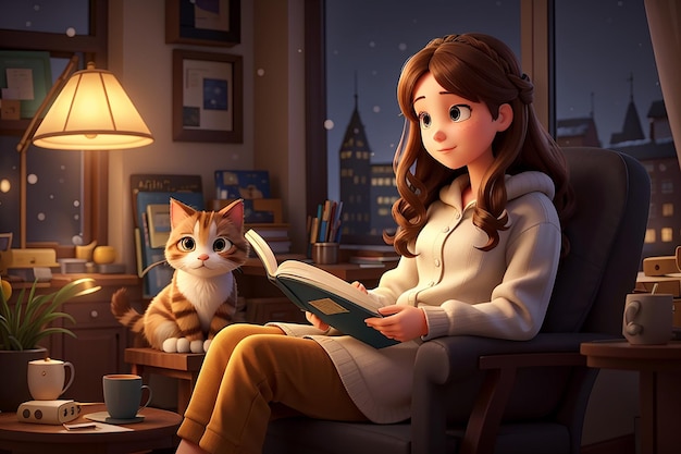 a beautiful girl is reading an interesting book in a cozy chair there is a cat nearby