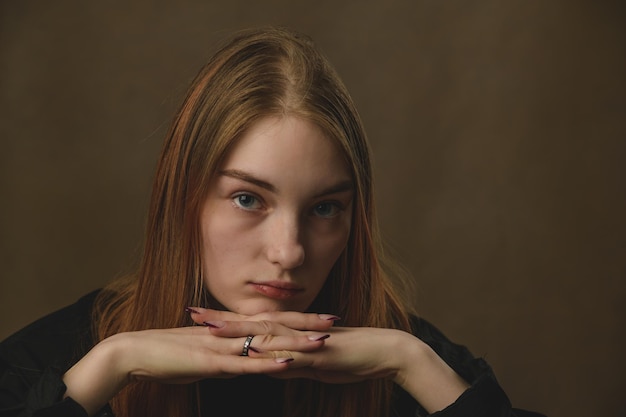 Beautiful girl joyful emotions Warm background and lighting