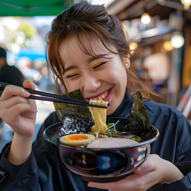 Beautiful girl lady eating a hot ramen dish