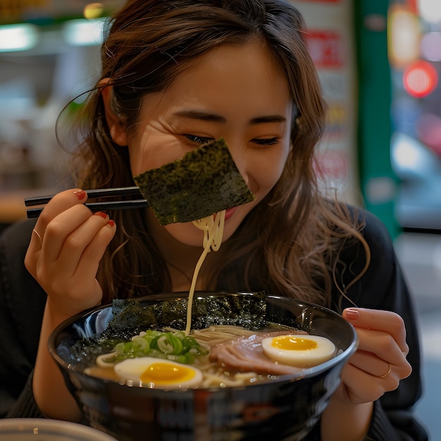 Beautiful girl lady eating a hot ramen dish