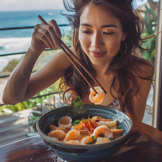 Beautiful girl lady eating a hot ramen dish