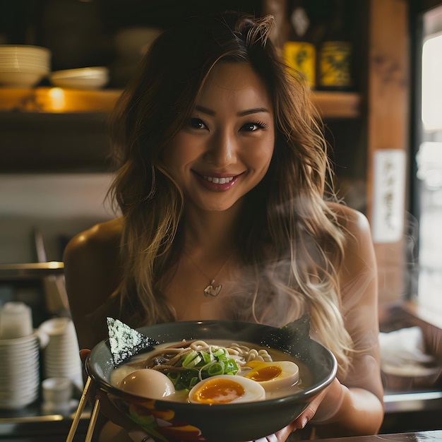 Beautiful girl lady eating a hot ramen dish