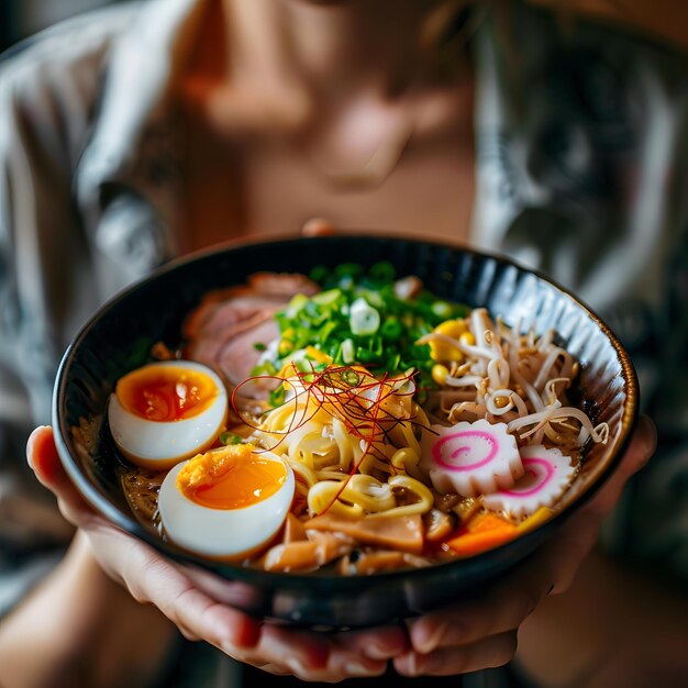 Photo beautiful girl lady eating a hot ramen dish