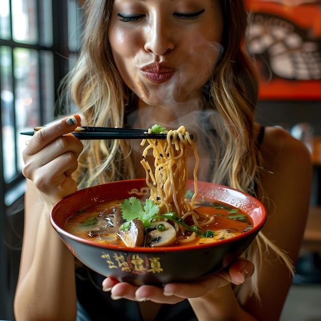 Photo beautiful girl lady eating a hot ramen dish