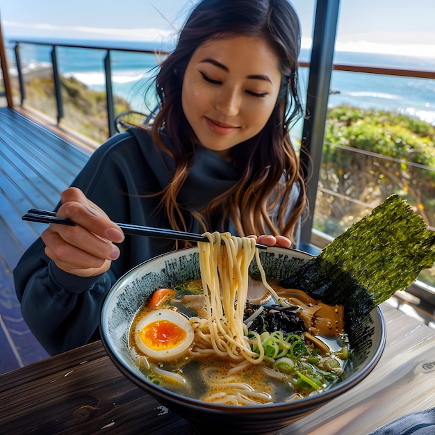 Beautiful girl lady eating a hot ramen dish