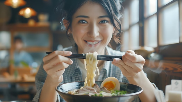 Beautiful girl lady eating a hot ramen dish