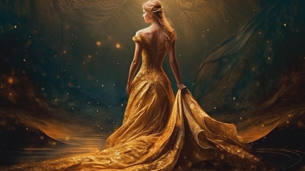 Beautiful girl in a long golden dress on the hills at sunsetgenerative ai