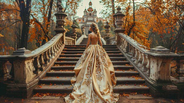 Beautiful girl in a luxurious dress walks in autumn