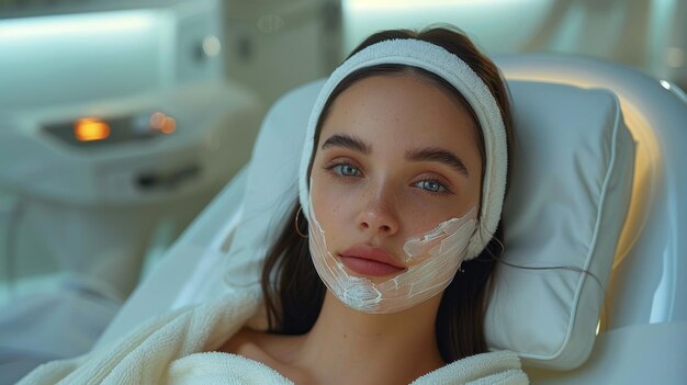 Photo beautiful girl lying on a bed applied facial mask