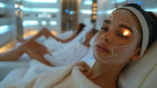 Photo beautiful girl lying on a bed applied facial mask