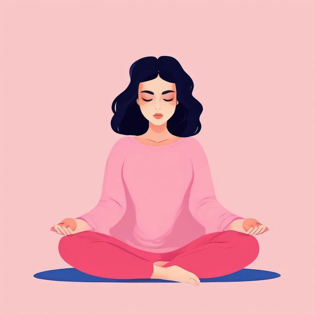 Photo beautiful girl meditating minimalistic concentrated flat minimalistic vector illustration pink color