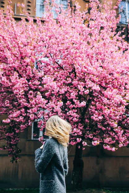 Beautiful girl near the sakura trees Woman in dress and stylish coat Pink flowers blooming in Uzhhorod Blossom around Spring time Relaxing and happiness concept