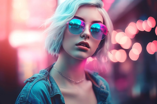 Beautiful girl neon holographic Abstract child person street punk photo Generate Ai