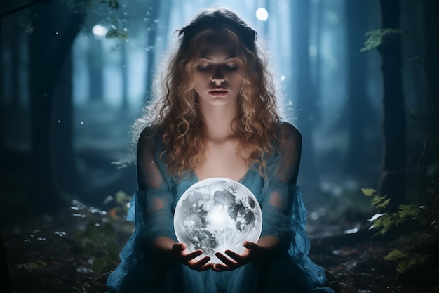 Beautiful girl on a night with a magic ball Astrology and Zodiac Concept Generative Ai