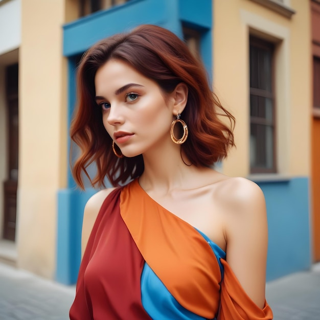 Beautiful girl in orange blouse on one shoulder Fashionable and stylish womens clothing Fashion