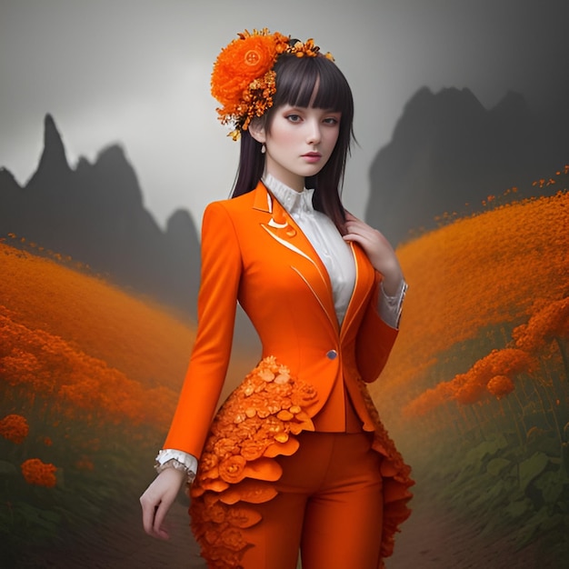 Beautiful girl in an orange suit and with orange flowers