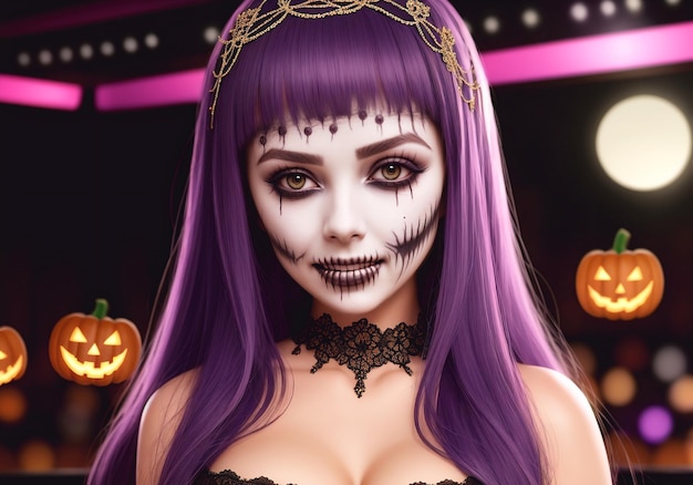 A beautiful girl at a party in a nightclub in honor of Halloween A woman at a costume party Generative AI