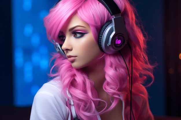 Beautiful girl pink hair gaming headphones