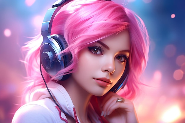 Beautiful girl pink hair gaming headphones