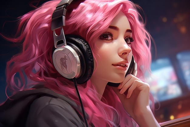 Beautiful girl pink hair gaming headphones