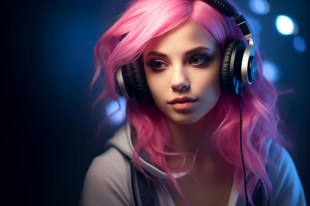 Beautiful girl pink hair gaming headphones