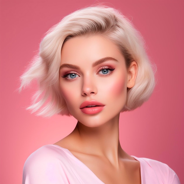 Beautiful girl in pink with makeup photo