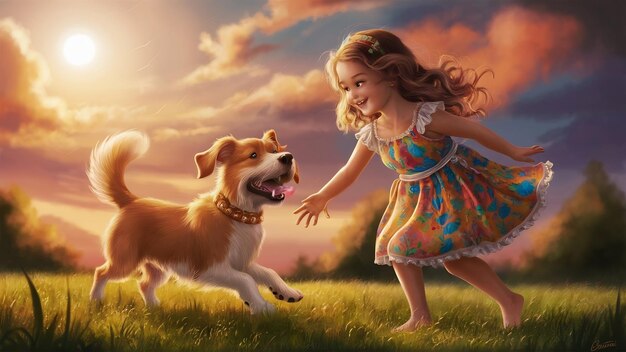 Beautiful girl plays with dog at sunset