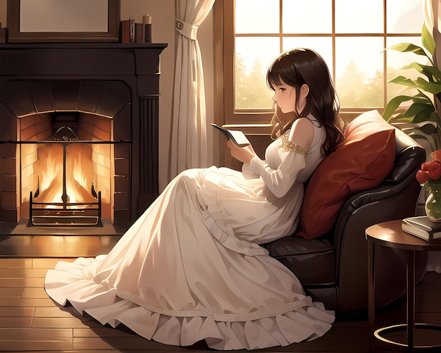 a beautiful girl reading a book by a cozy fireplace Ai generated