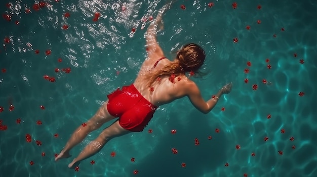 A beautiful girl in a red swim suit swim on her