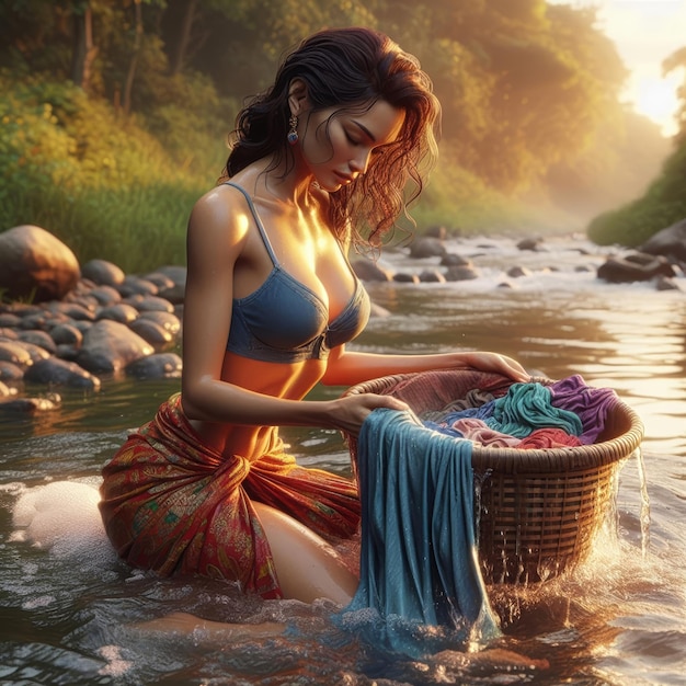 Beautiful girl in the river washing her clothes